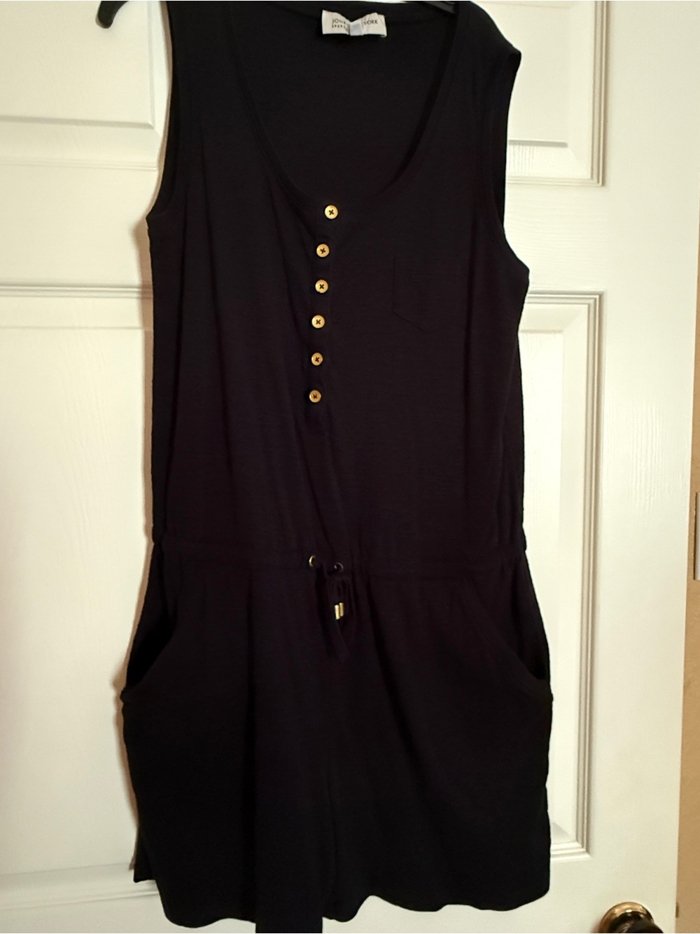 Jones New York Black Sleeveless Henley Tank Romper with Gold Buttons